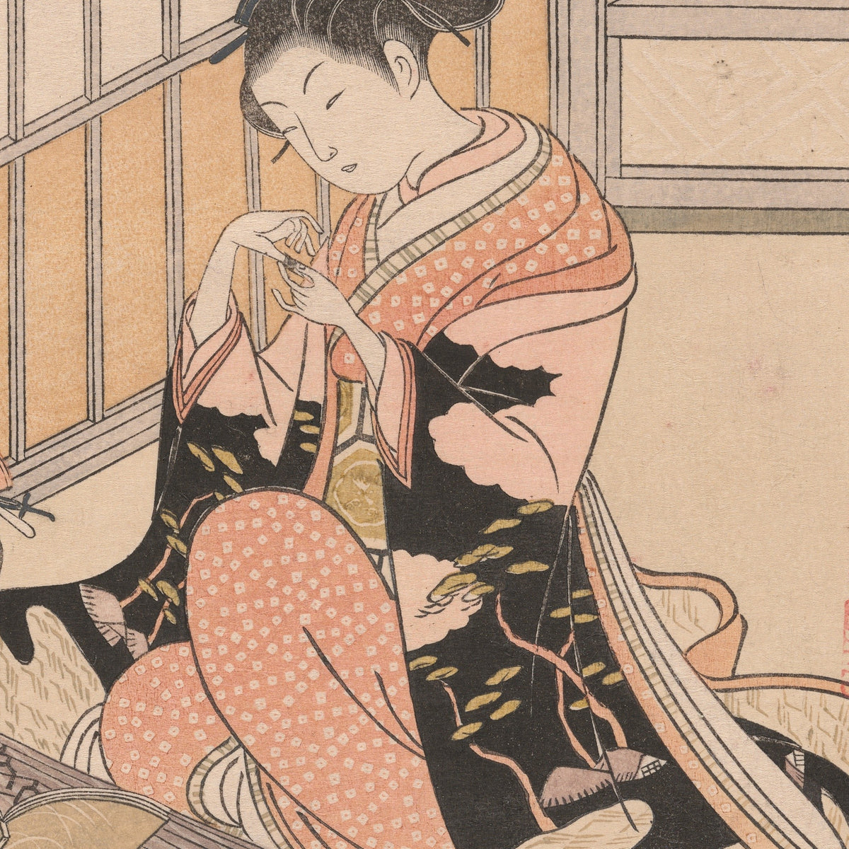 Detail at actual print size on the 50 × 70 cm sheet: Harunobu, Descending Geese of the Koto Bridges
