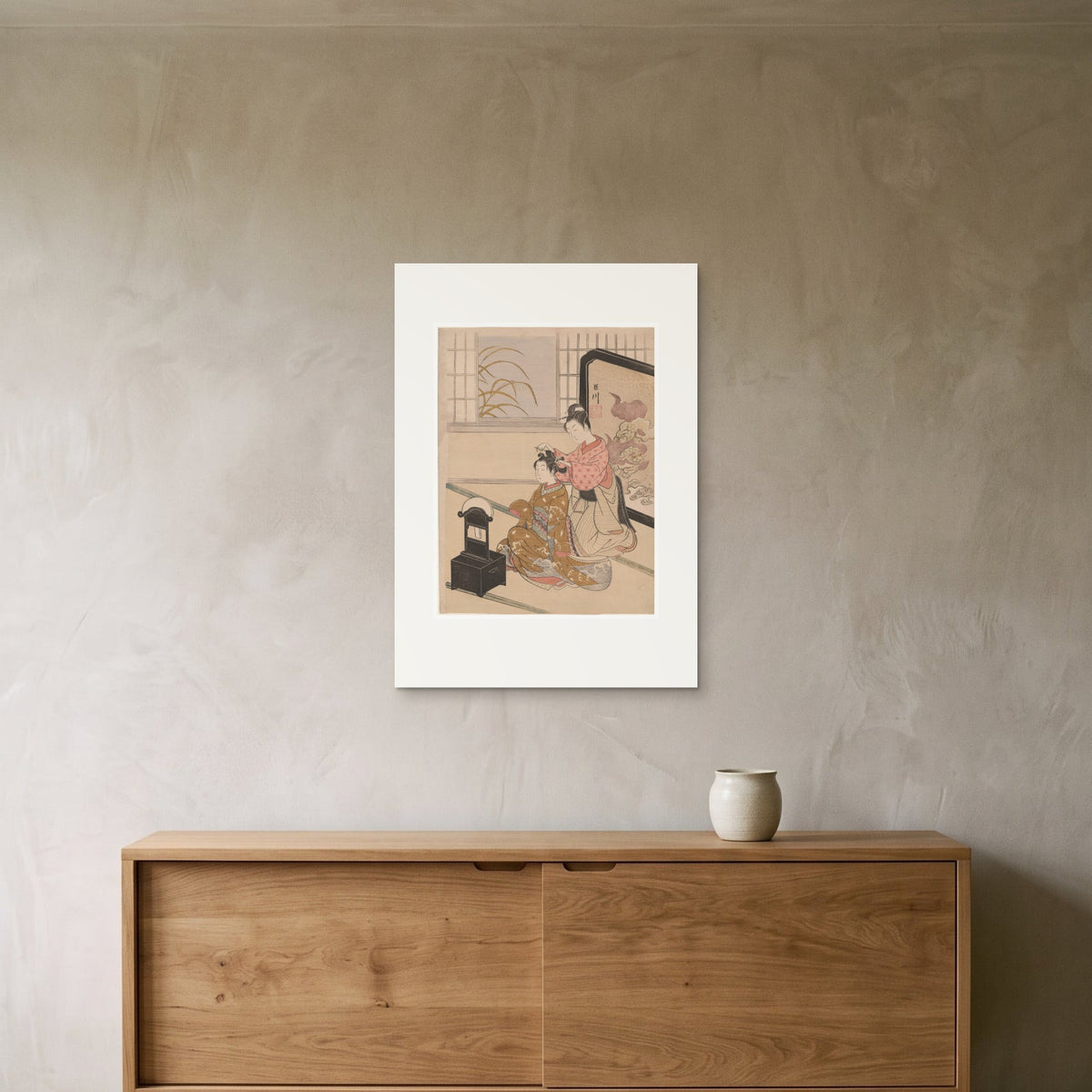 Harunobu, The Autumn Moon in the Mirror — the 50 × 70 cm print hung above a sideboard, for scale