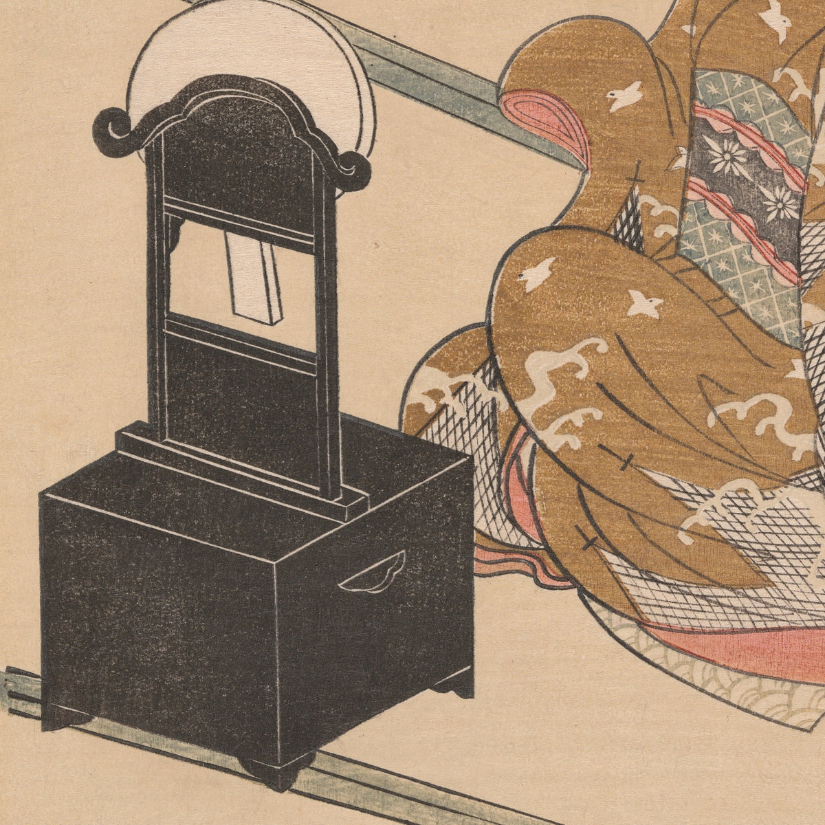 Detail at actual print size on the 50 × 70 cm sheet: Harunobu, The Autumn Moon in the Mirror