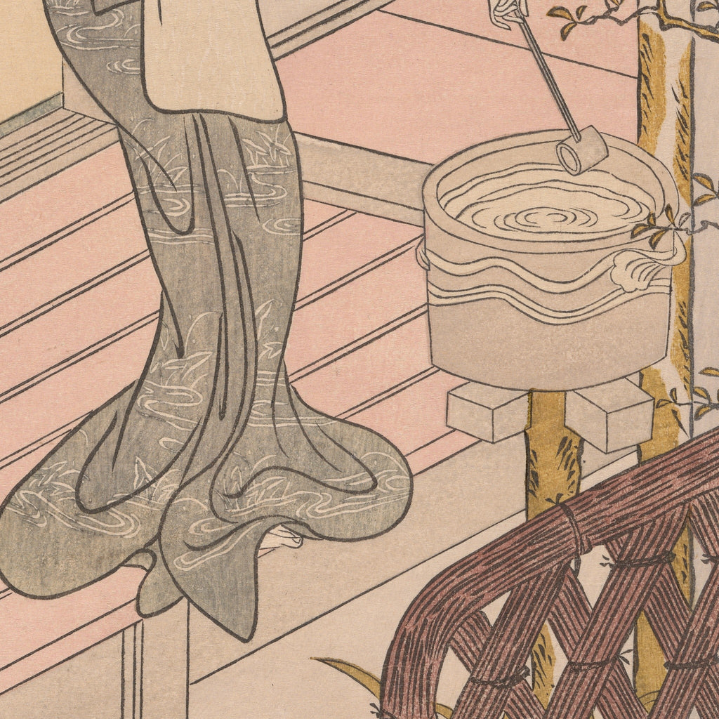 Detail at actual print size on the 50 × 70 cm sheet: Harunobu, Returning Sails of the Towel Rack