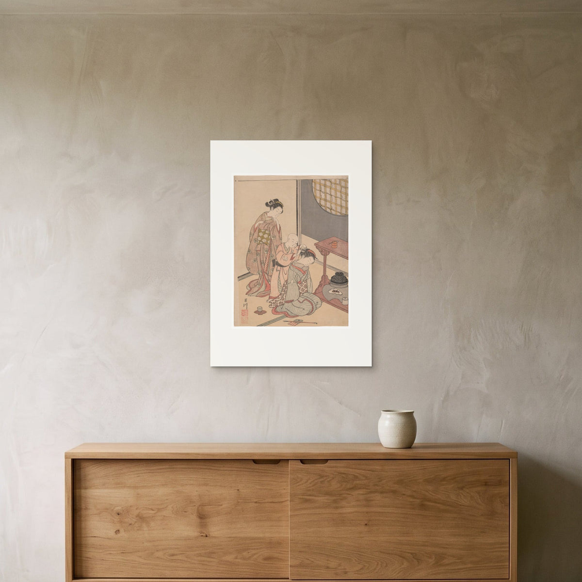 Harunobu, Night Rain of the Tea Stand — the 50 × 70 cm print hung above a sideboard, for scale