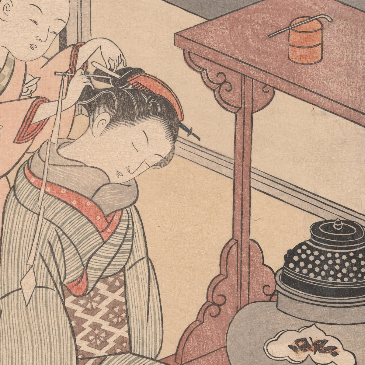Detail at actual print size on the 50 × 70 cm sheet: Harunobu, Night Rain of the Tea Stand