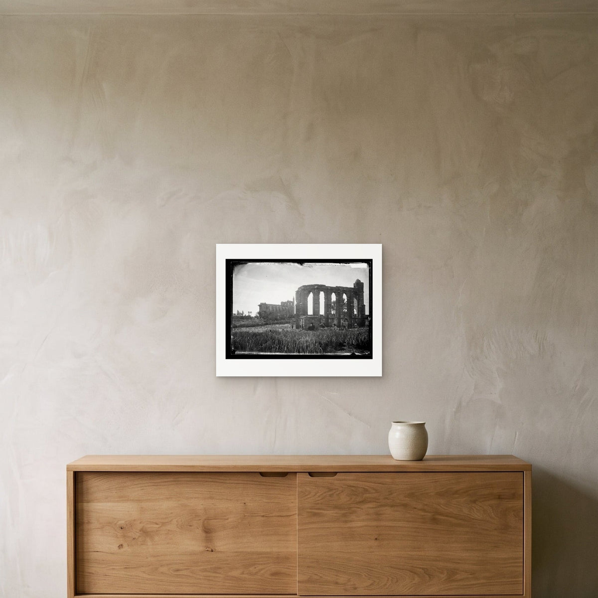 John Thomson – Gothic Ruins, Famagusta, Cyprus, 1878 — the 50 × 40 cm sheet as printed, shown on the wall above a sideboard