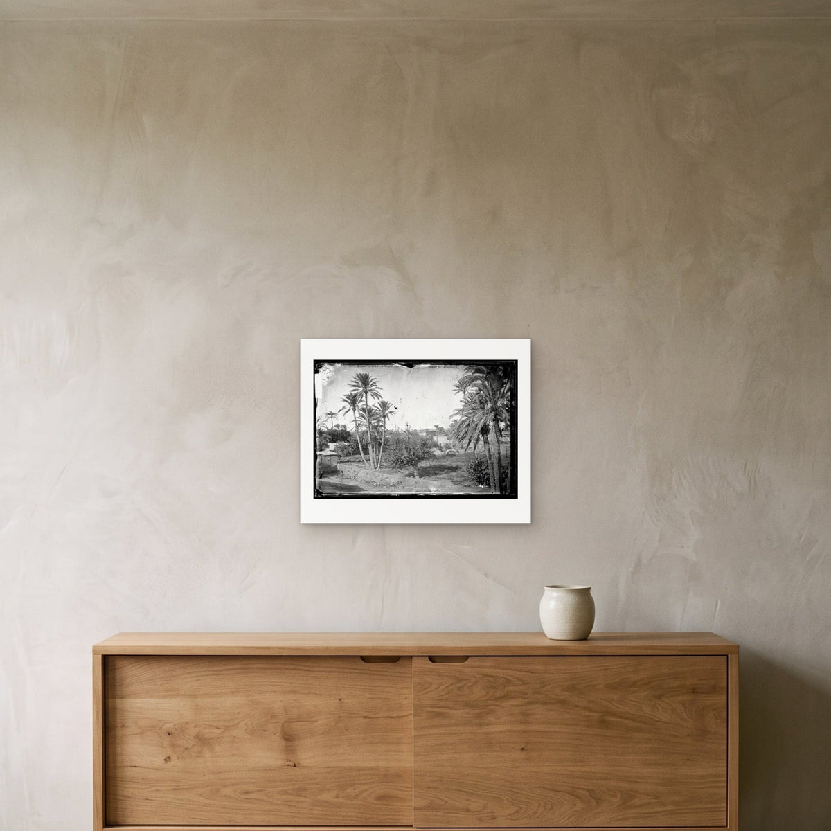 John Thomson – Palms and Minaret, Nicosia, Cyprus, 1878 — the 50 × 40 cm sheet as printed, shown on the wall above a sideboard
