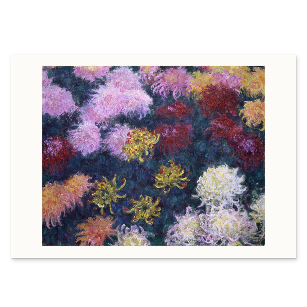 The 70 × 50 cm sheet as printed: Monet's chrysanthemums 54.66 × 44.26 cm on white paper, 7.67 cm margins at the sides, 2.67 above and 3.07 below