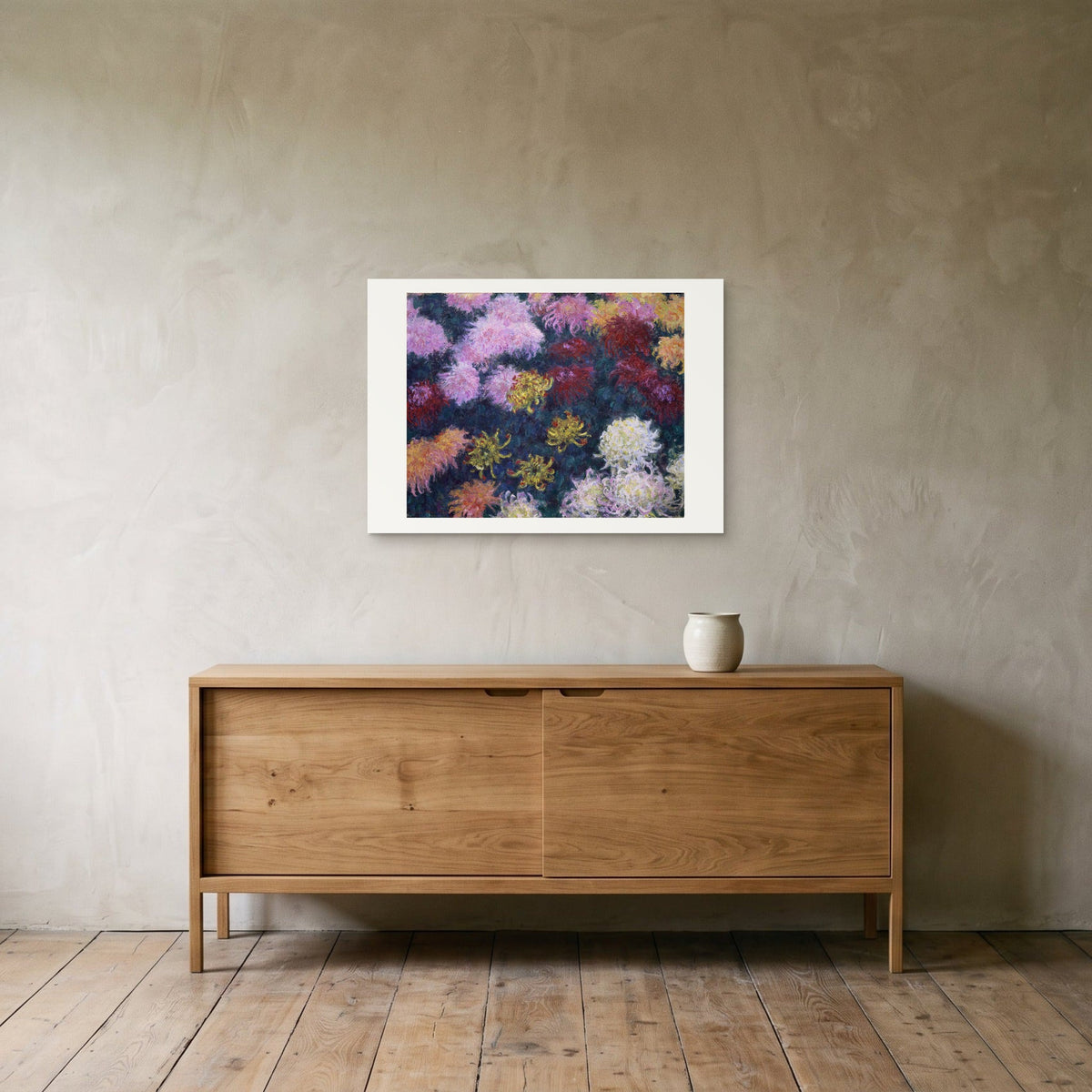 Monet, Bed of Chrysanthemums — the 70 × 50 cm print hung above an oak sideboard