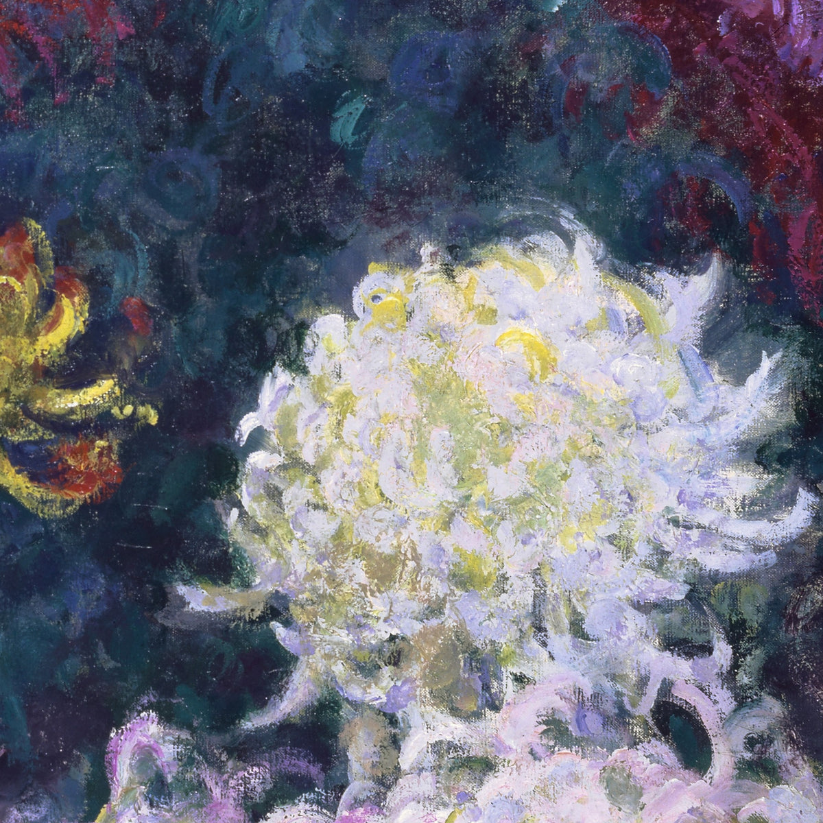 Detail at print size: a white chrysanthemum with lemon-yellow petals, loose strokes of violet round its edge, beside a yellow and red bloom on the dark ground