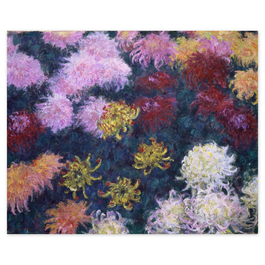 Claude Monet, Bed of Chrysanthemums, 1897 — the canvas reproduced whole: pink, white, rust-red and yellow chrysanthemums seen from above against a dark blue-green ground