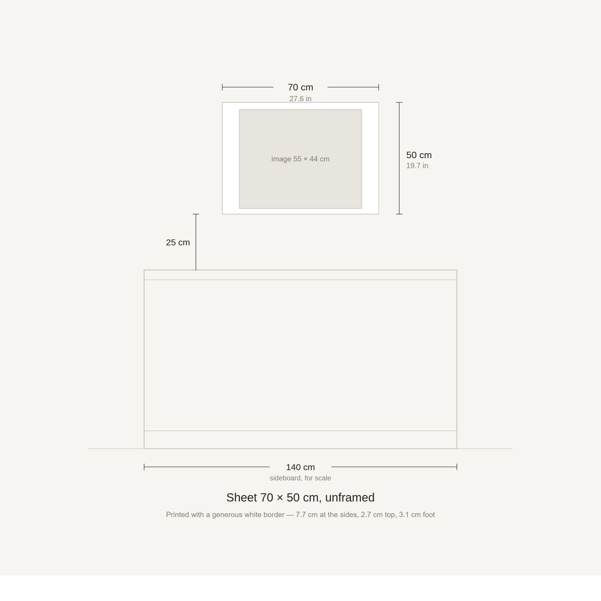 Scale diagram: the 70 × 50 cm sheet hung 25 cm above a 140 cm sideboard, printed image area 55 × 44 cm