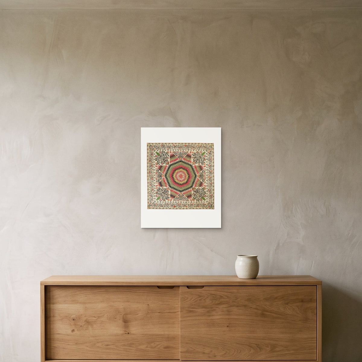 Mary “Betsy” Totten – Rising Sun Quilt, 1830s — the 40 × 50 cm sheet as printed, shown on the wall above a sideboard