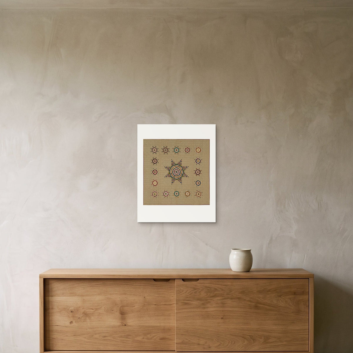 Ruth Hart – Lone Star Quilt, c. 1845 — the 40 × 50 cm sheet as printed, shown on the wall above a sideboard