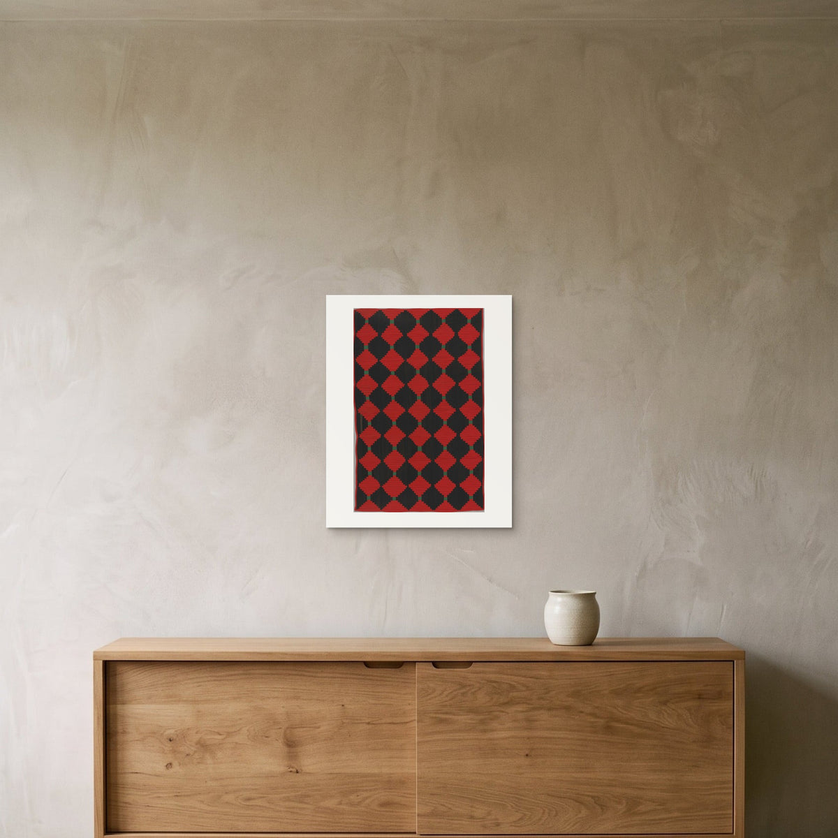 New York – Log Cabin Quilt, Courthouse Steps, 1850–90 — the 40 × 50 cm sheet as printed, shown on the wall above a sideboard