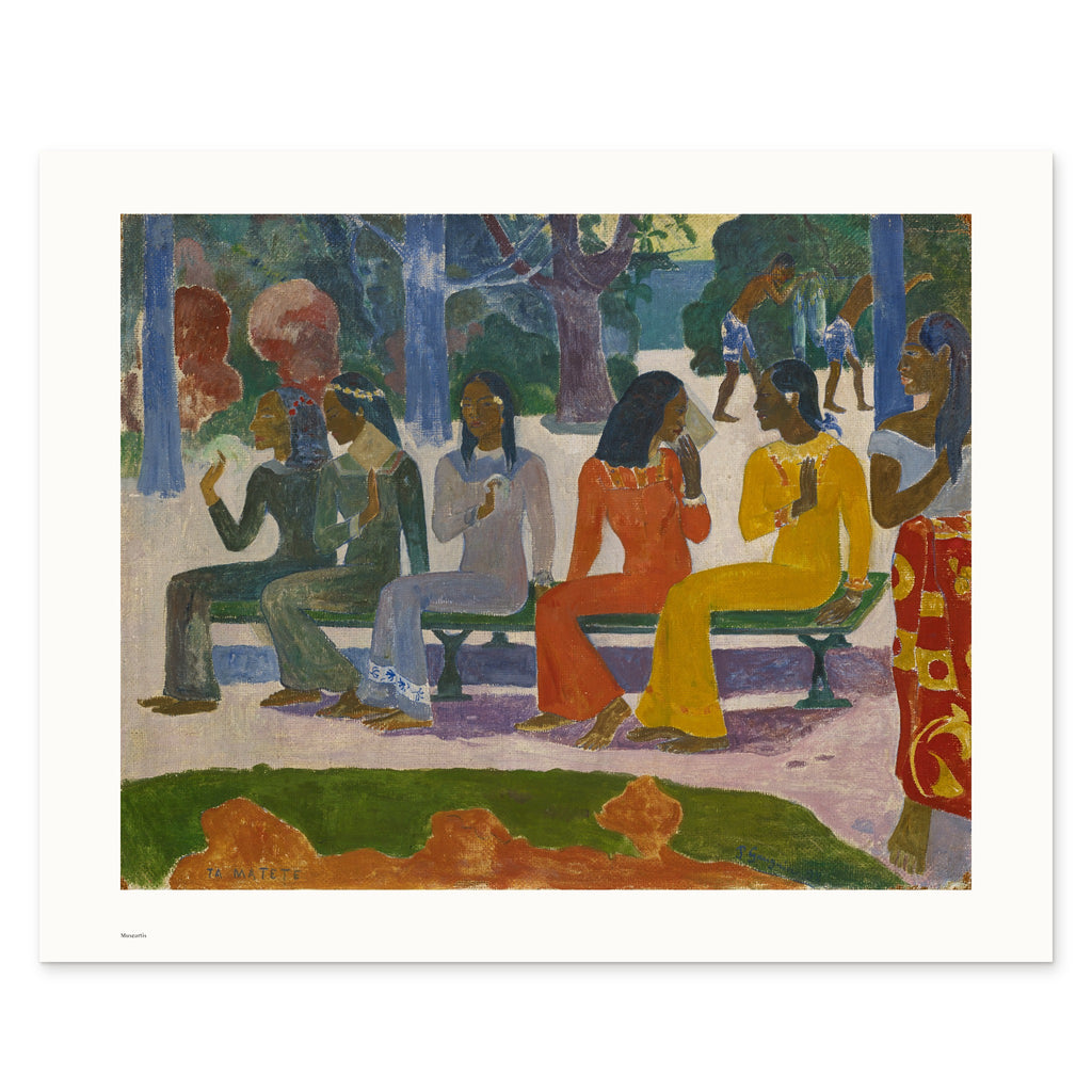 The 50 × 40 cm sheet as printed: Gauguin's market scene 42.00 × 33.36 cm on white paper, 4.0 cm margins at the sides