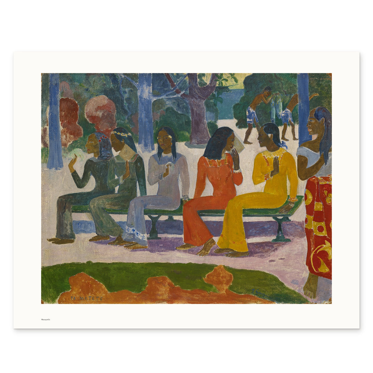 The 50 × 40 cm sheet as printed: Gauguin's market scene 42.00 × 33.36 cm on white paper, 4.0 cm margins at the sides