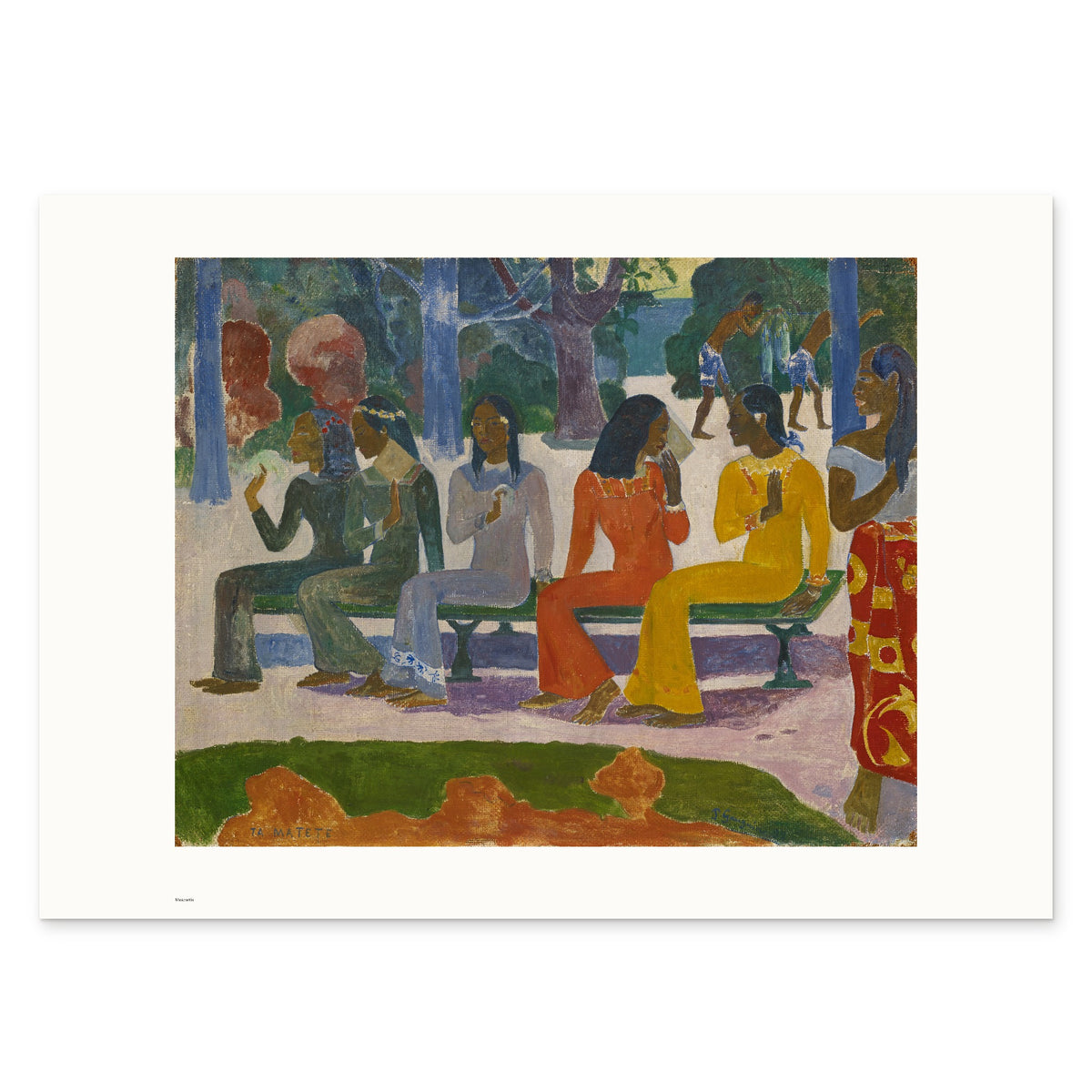 The 70 × 50 cm sheet as printed: Gauguin's market scene 51.26 × 40.71 cm on white paper, 9.4 cm margins at the sides