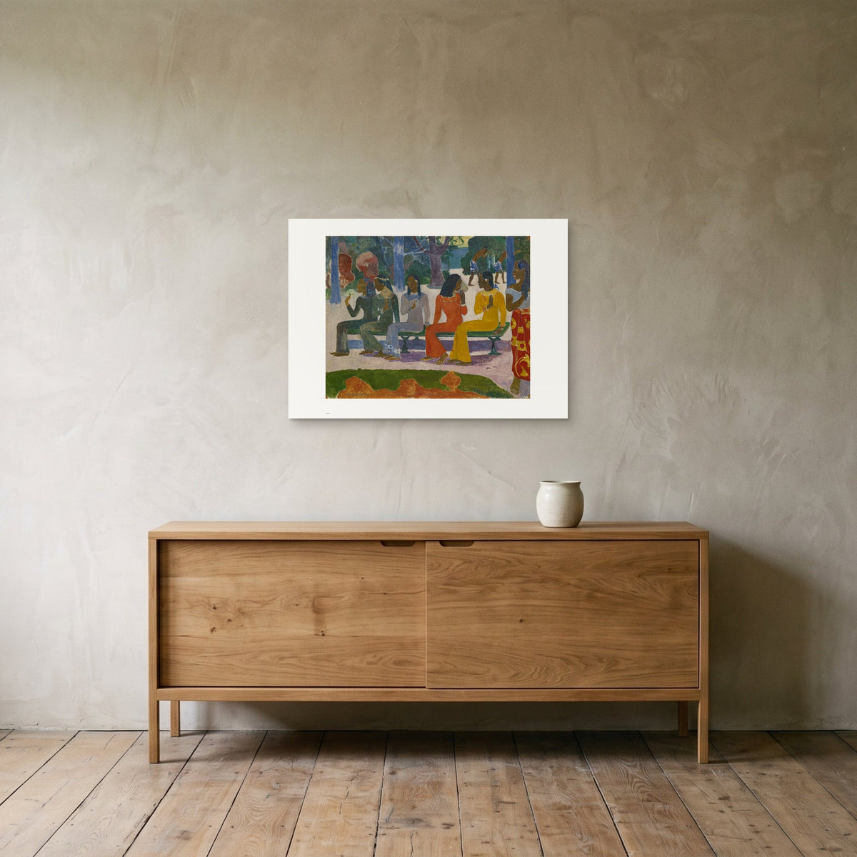 Gauguin, Ta matete — the 70 × 50 cm print hung above an oak sideboard