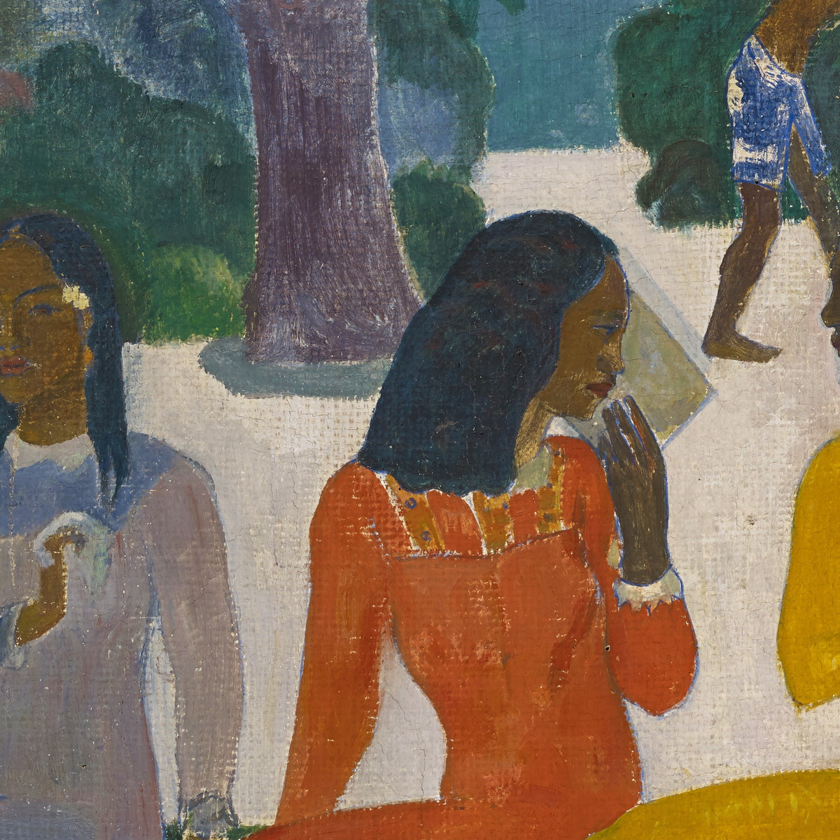 Detail at print size: the woman in the orange dress raising her hand, the weave of the jute showing through the paint