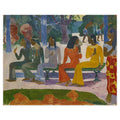 Paul Gauguin, Ta matete (The Market), 1892 — the canvas reproduced whole: five Tahitian women in profile on a green bench, figures crossing a pale square behind them