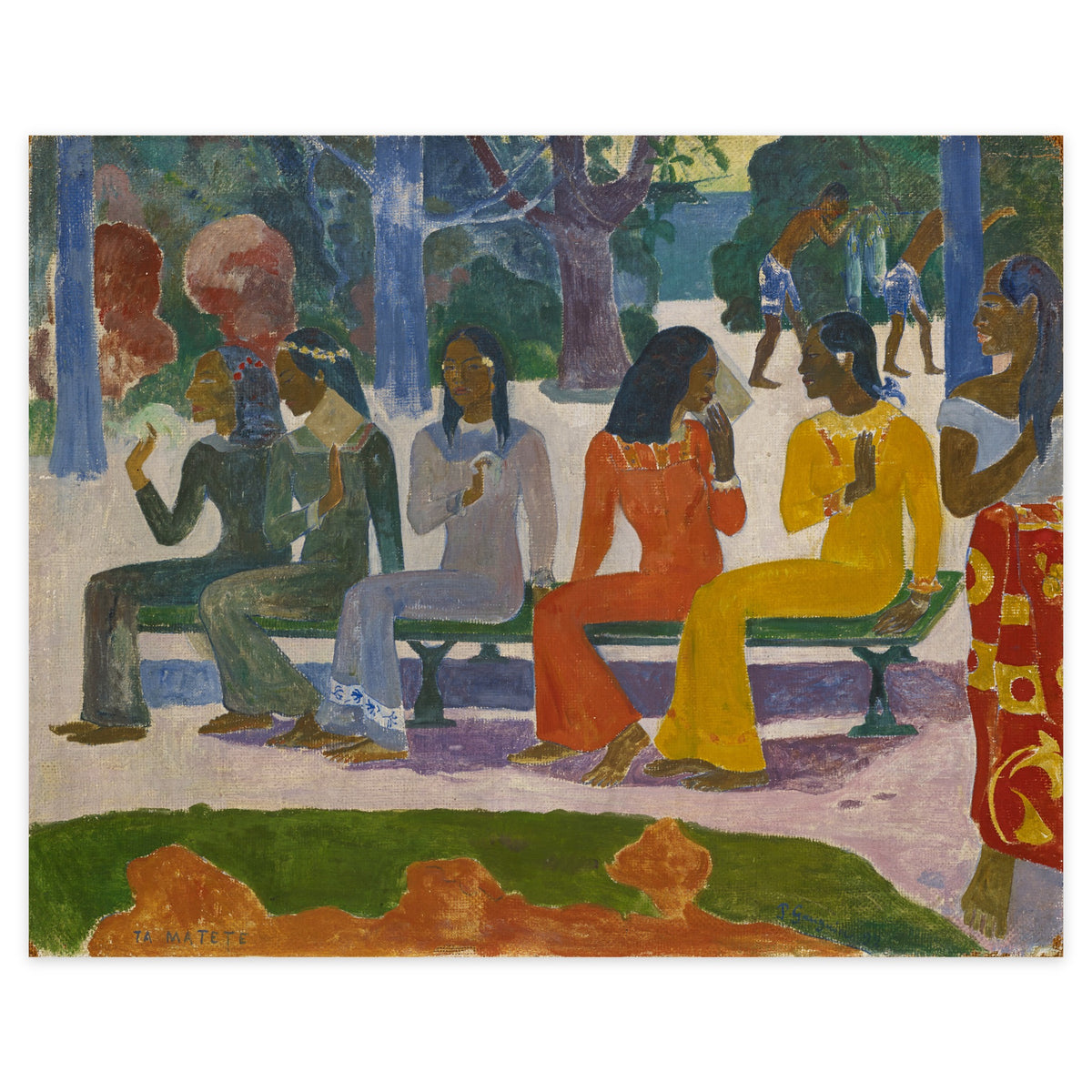 Paul Gauguin, Ta matete (The Market), 1892 — the canvas reproduced whole: five Tahitian women in profile on a green bench, figures crossing a pale square behind them