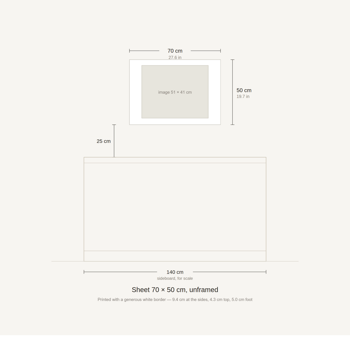 Scale diagram: the 70 × 50 cm sheet hung 25 cm above a 140 cm sideboard, printed image area 51.26 × 40.71 cm