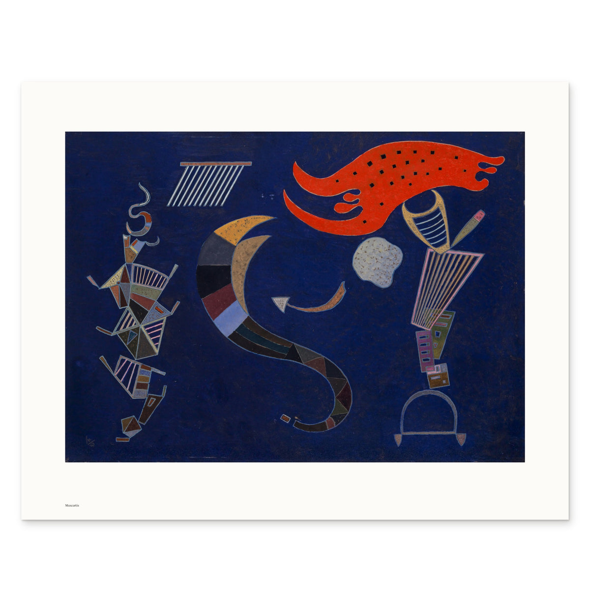 The 50 × 40 cm sheet as printed: Kandinsky's La flèche 42.00 × 30.22 cm on white paper, 4.0 cm margins at the sides