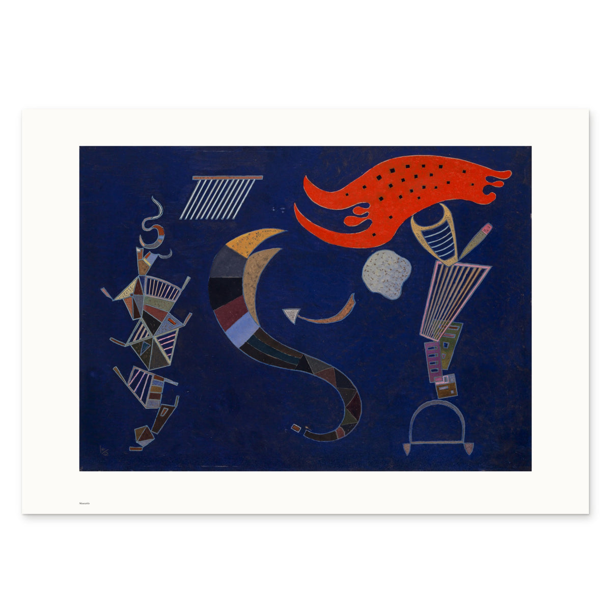The 70 × 50 cm sheet as printed: Kandinsky's La flèche 55.86 × 40.18 cm on white paper, 7.1 cm margins at the sides