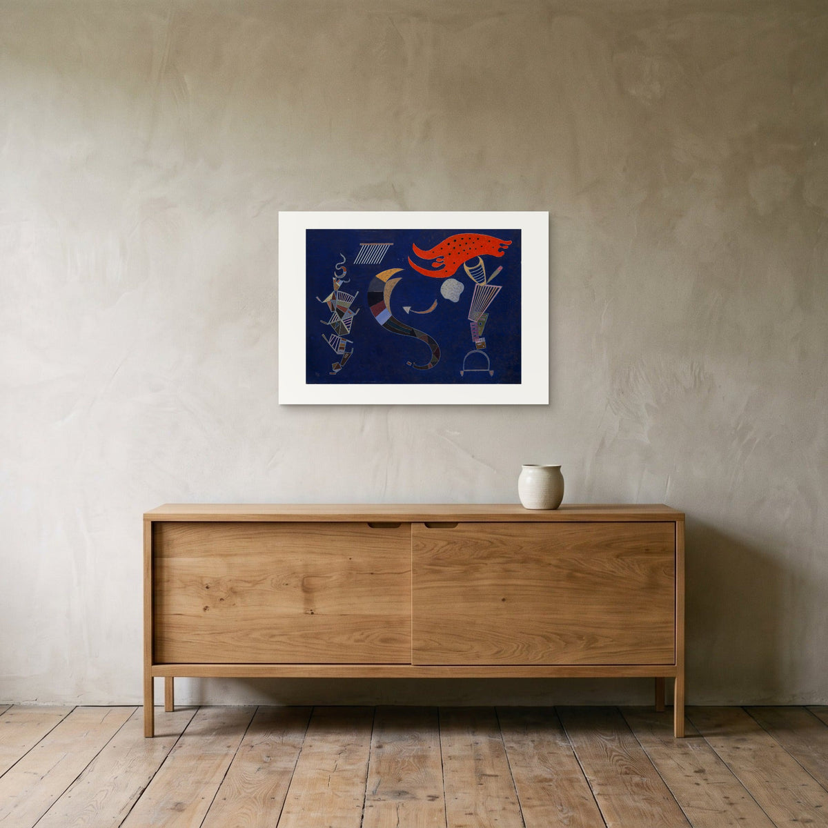 Kandinsky, La flèche — the 70 × 50 cm print hung above an oak sideboard