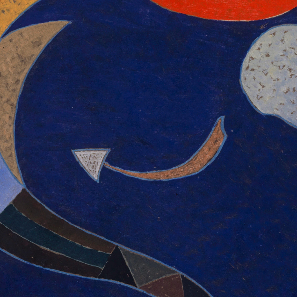 Detail at print size: the arrow of the title, a pale triangle on a curved copper shaft, beside the grey blob and the striped crescent on the blue ground