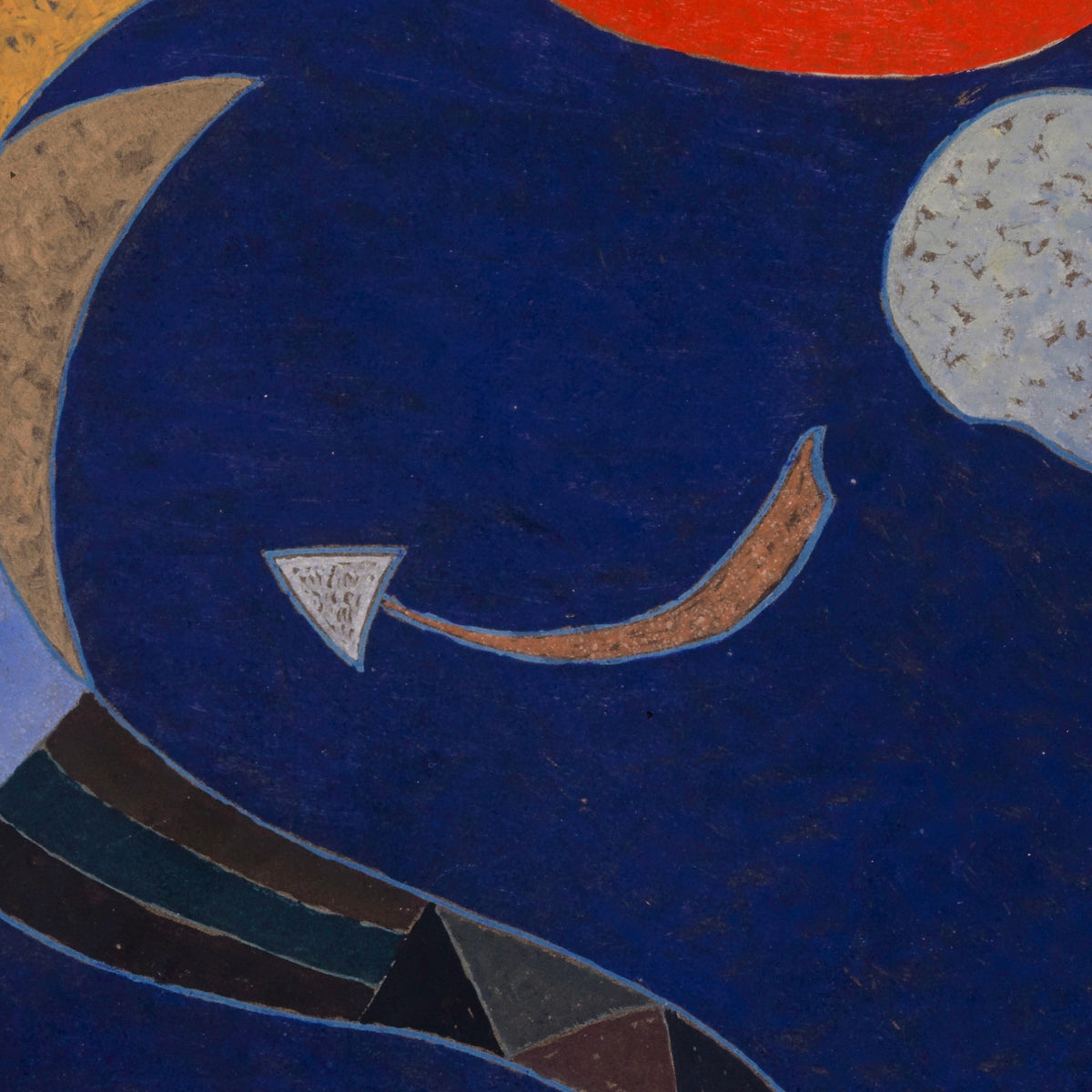 Detail at print size: the arrow of the title, a pale triangle on a curved copper shaft, beside the grey blob and the striped crescent on the blue ground