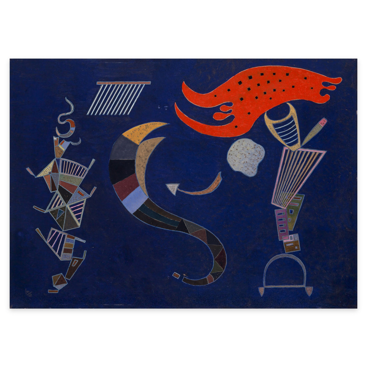 Wassily Kandinsky, La flèche (The Arrow), 1943 — the picture reproduced whole: a small arrow among red, gold and striped forms on a deep ultramarine ground