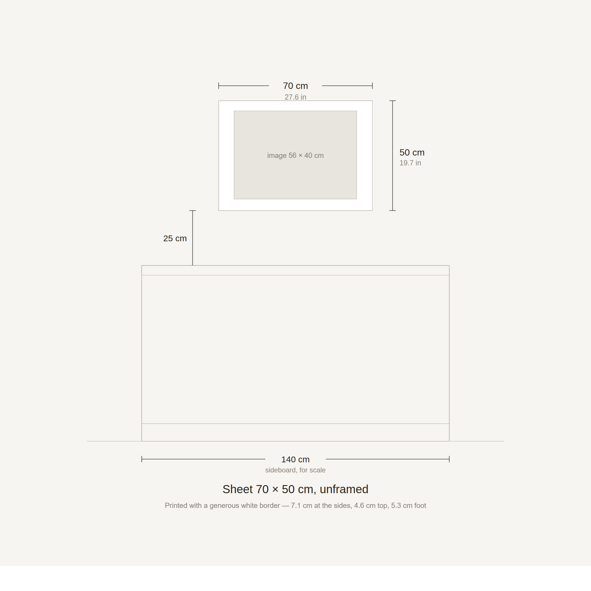 Scale diagram: the 70 × 50 cm sheet hung 25 cm above a 140 cm sideboard, printed image area 55.86 × 40.18 cm