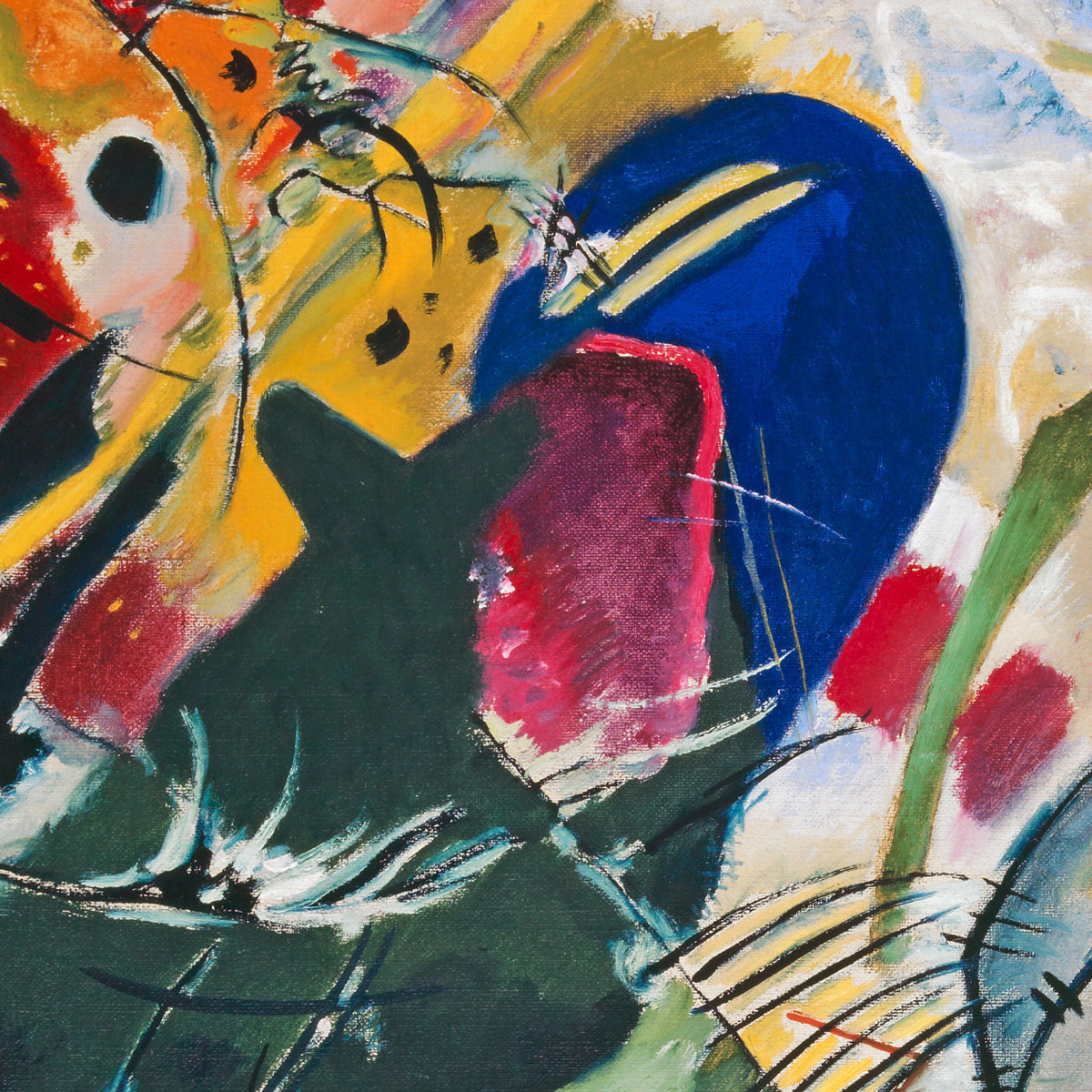 Detail at print size: the dark green form against the blue oval and a patch of crimson, the canvas weave showing through the paint