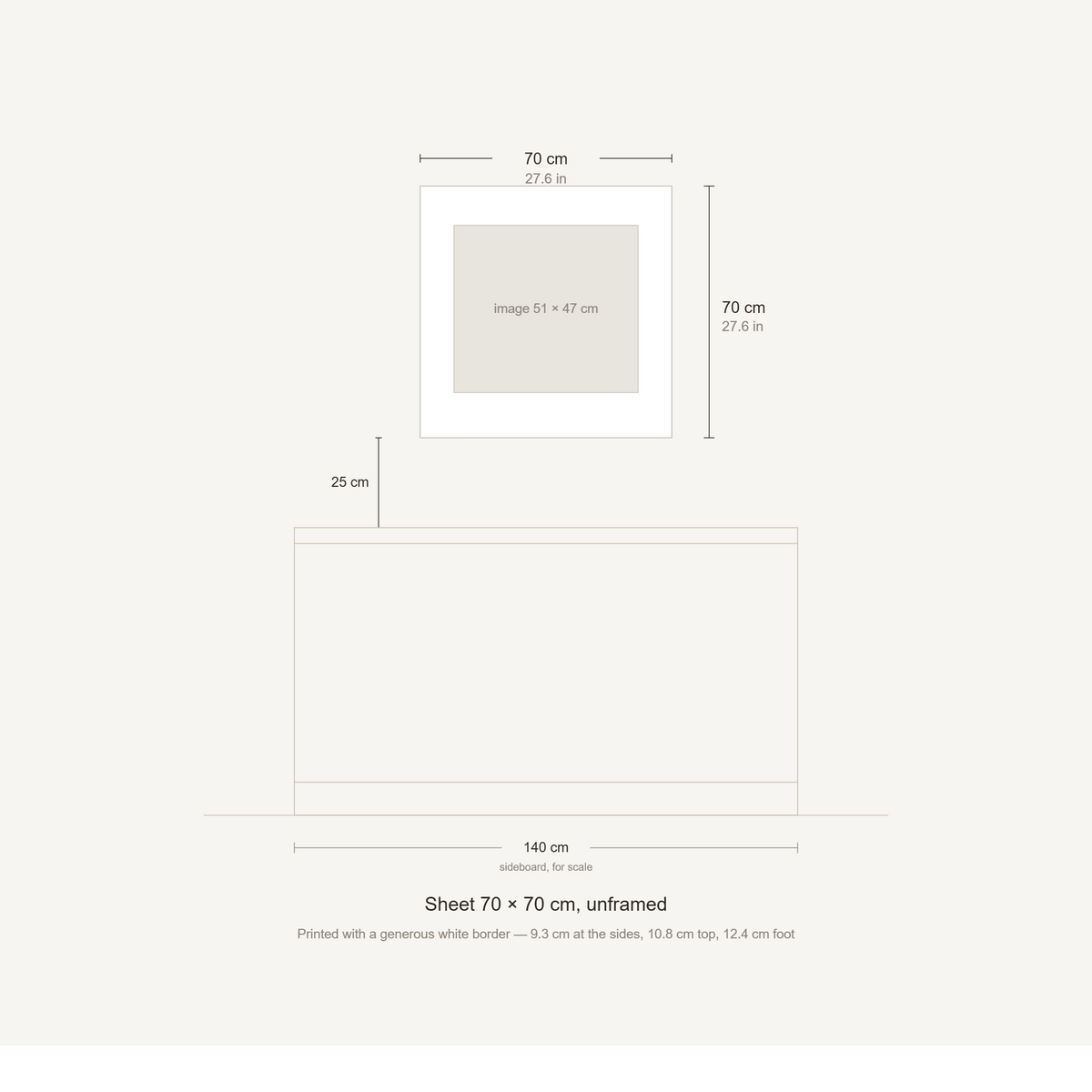 Scale diagram: the 70 × 70 cm sheet hung 25 cm above a 140 cm sideboard, printed image area 51.41 × 46.76 cm