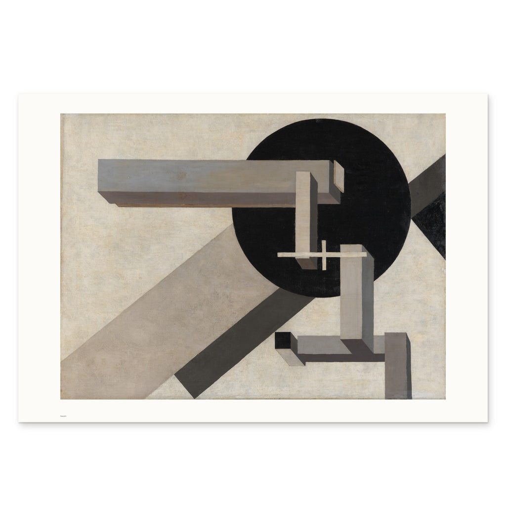 The 100 × 70 cm sheet as printed: Lissitzky's Proun 1D 82.11 × 60.95 cm on white paper, 9.0 cm margins at the sides