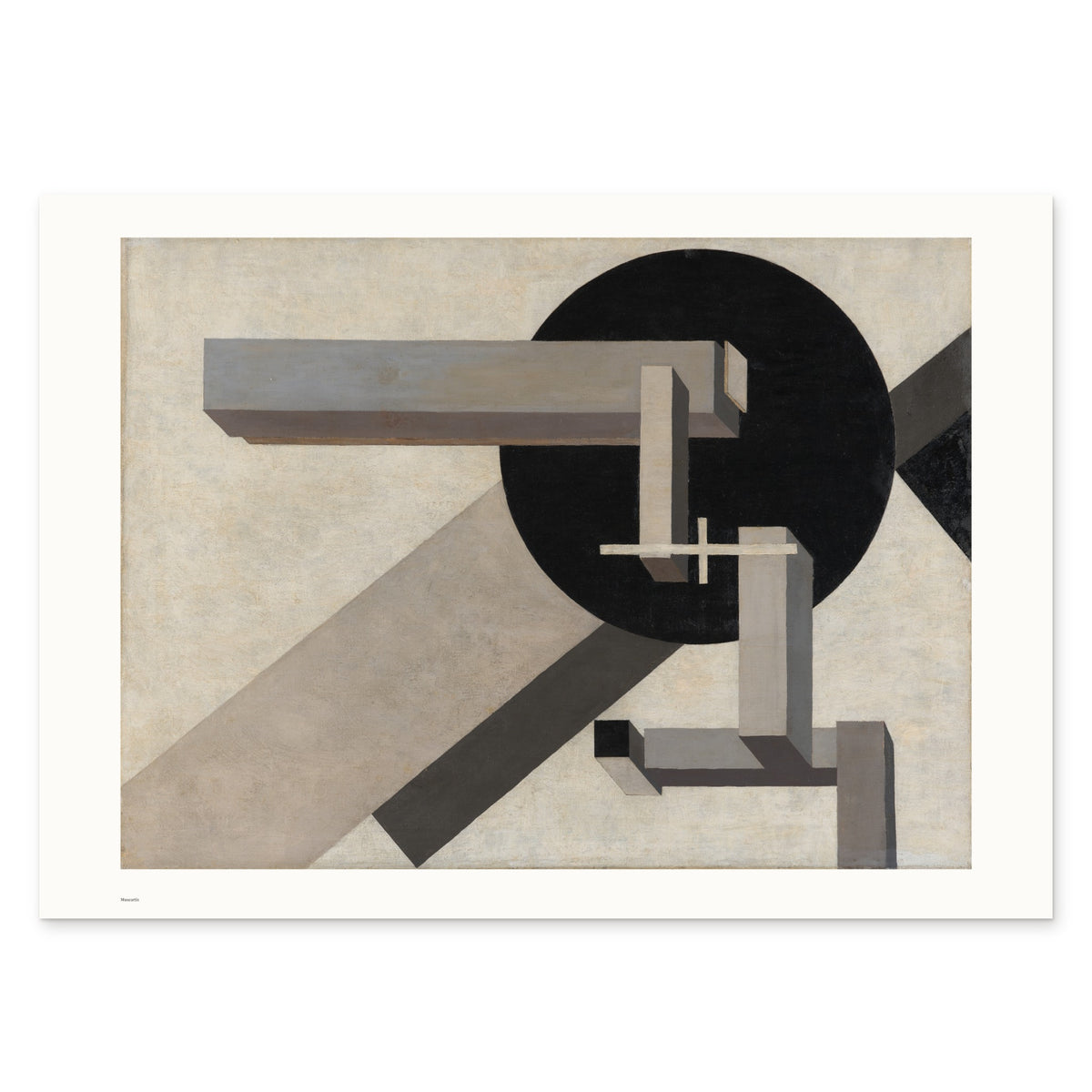 The 70 × 50 cm sheet as printed: Lissitzky's Proun 1D 58.80 × 43.65 cm on white paper, 5.6 cm margins at the sides