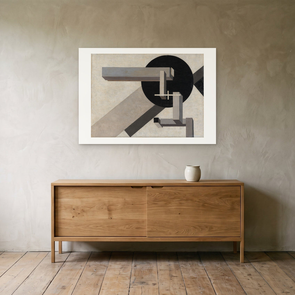 Lissitzky, Proun 1D — the 100 × 70 cm print hung above an oak sideboard