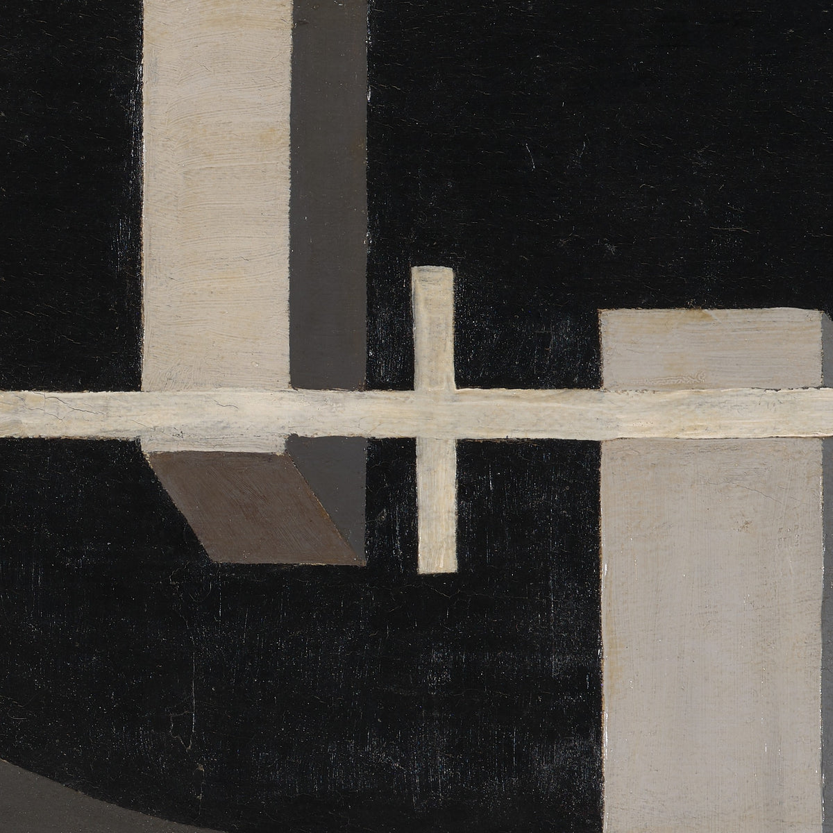 Detail at print size: the thin white cross against the black circle, where the grey beams cross, the brushwork visible in the black