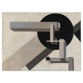 El Lissitzky, Proun 1D, c. 1919 — the painting reproduced whole: grey beams and blocks floating in front of a black circle on a pale ground