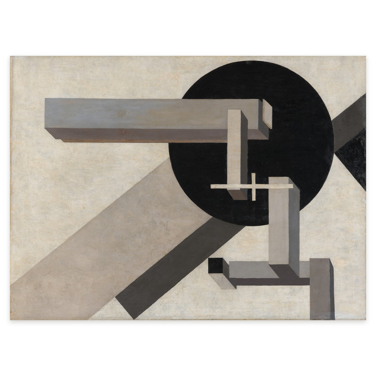 El Lissitzky, Proun 1D, c. 1919 — the painting reproduced whole: grey beams and blocks floating in front of a black circle on a pale ground