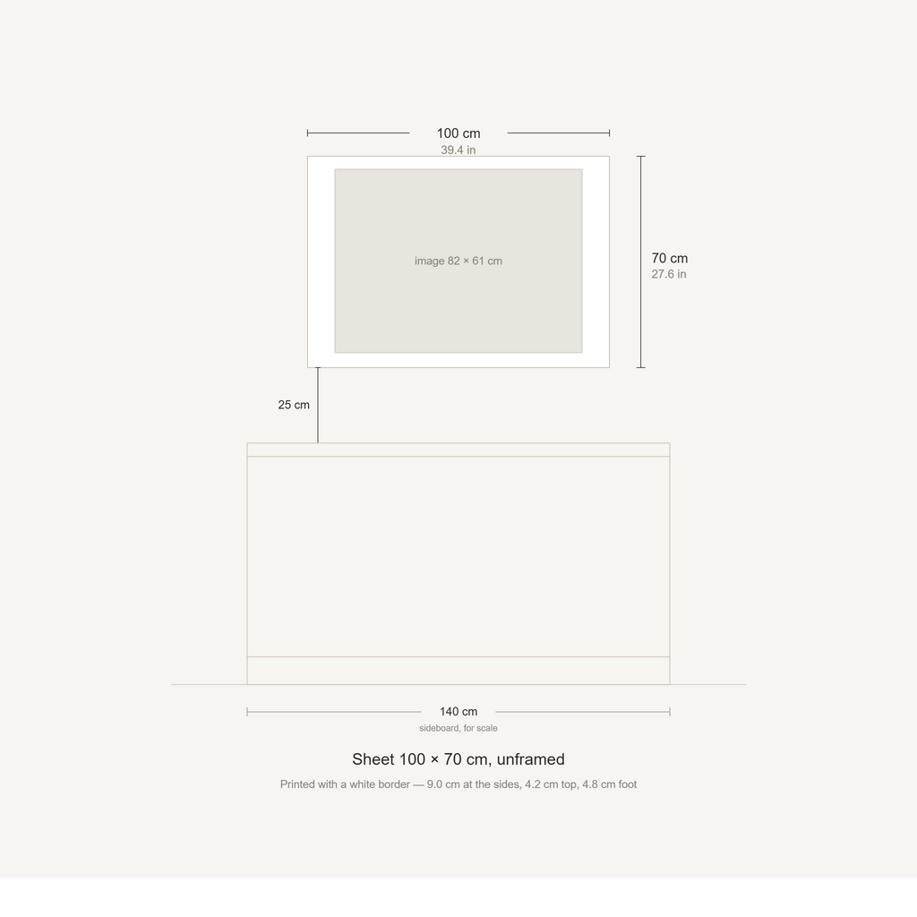 Scale diagram: the 100 × 70 cm sheet hung 25 cm above a 140 cm sideboard, printed image area 82.11 × 60.95 cm