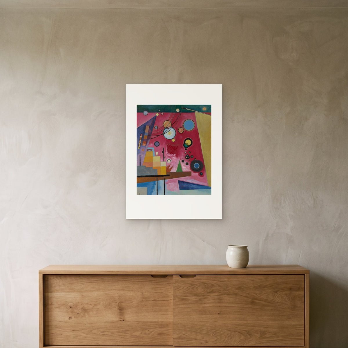 Kandinsky, Heavy Red — the 50 × 70 cm print hung above an oak sideboard