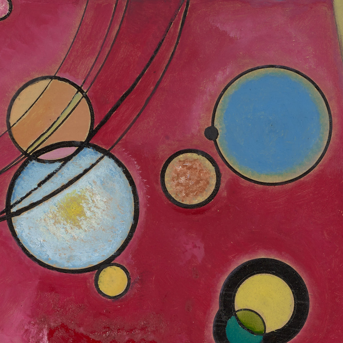 Detail at print size: pale blue, apricot and yellow circles with black rims and thin black arcs floating on the red ground