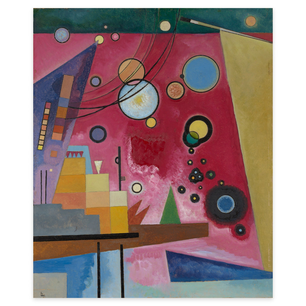 Wassily Kandinsky, Heavy Red, 1924 — the canvas reproduced whole: floating circles over a deep crimson field between yellow, violet and blue wedges