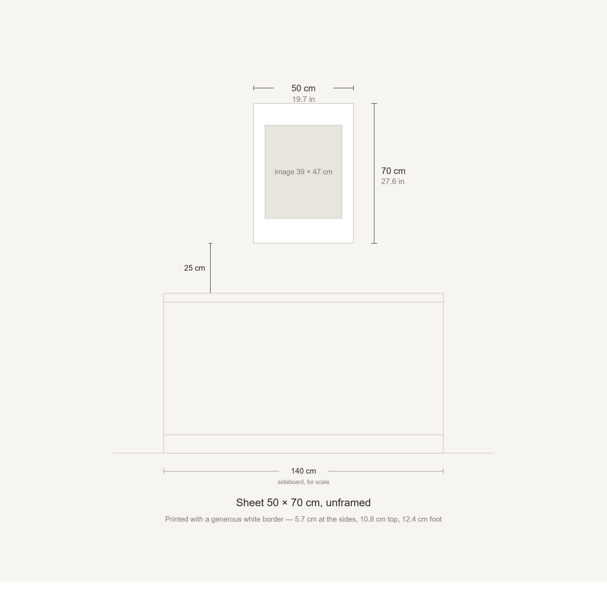 Scale diagram: the 50 × 70 cm sheet hung 25 cm above a 140 cm sideboard, printed image area 38.69 × 46.82 cm