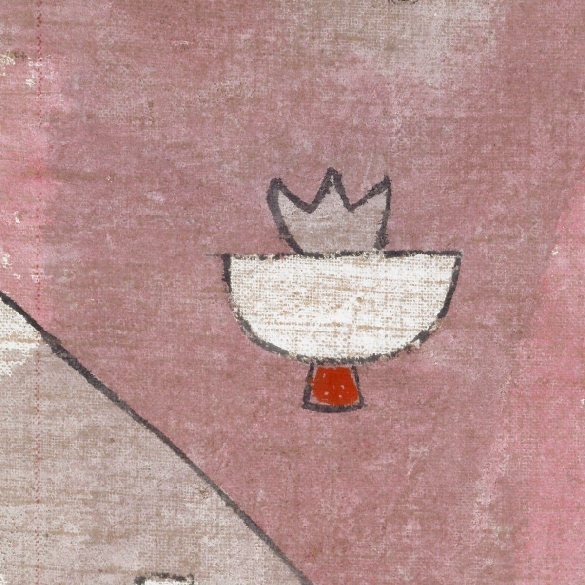 Detail at print size: a white bowl with a crown-shaped bloom on a red square, outlined in black on the pink, coarse-woven ground