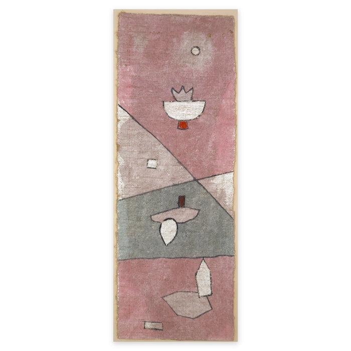 Paul Klee, Pflanzen-Analytisches (Vegetable-Analytic), 1932 — the narrow canvas reproduced whole with its frayed edges: plant signs on pink, mauve and grey-green bands