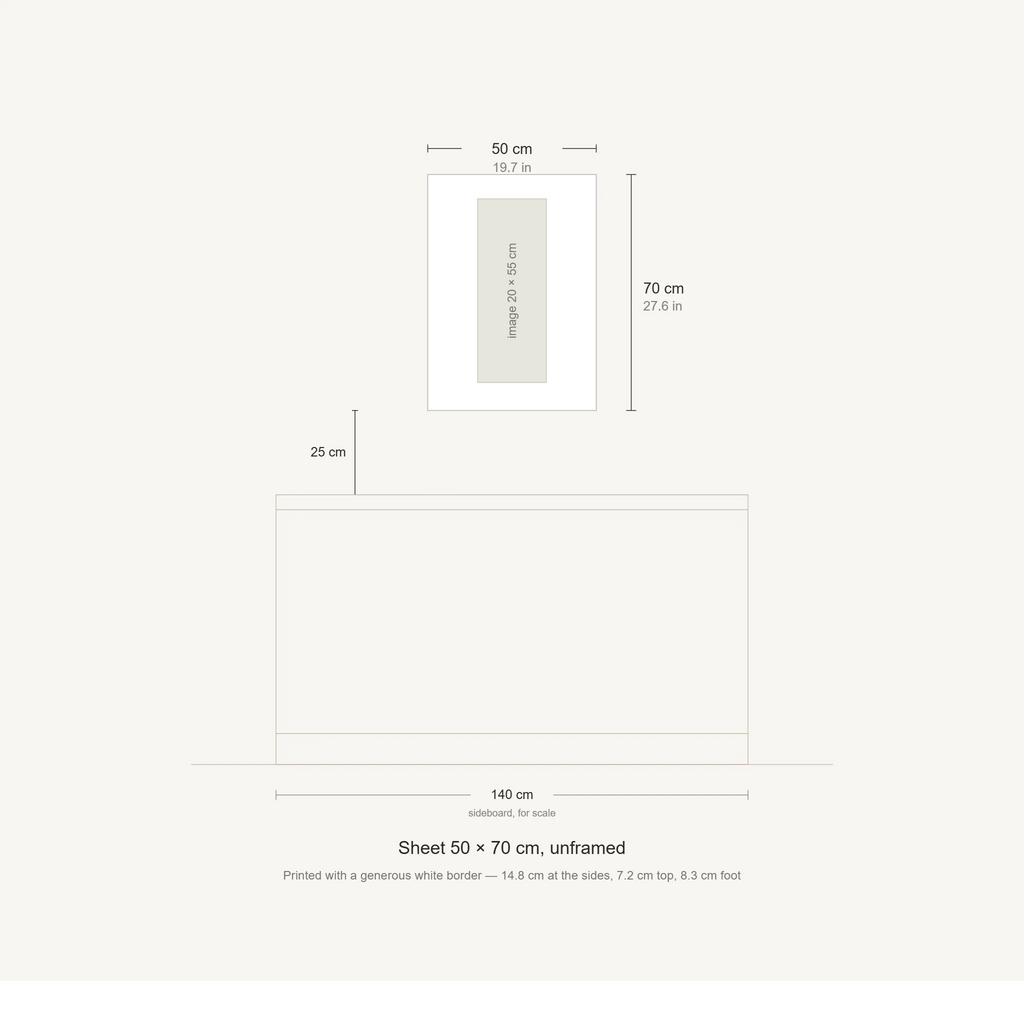 Scale diagram: the 50 × 70 cm sheet hung 25 cm above a 140 cm sideboard, printed image area 20.39 × 54.51 cm