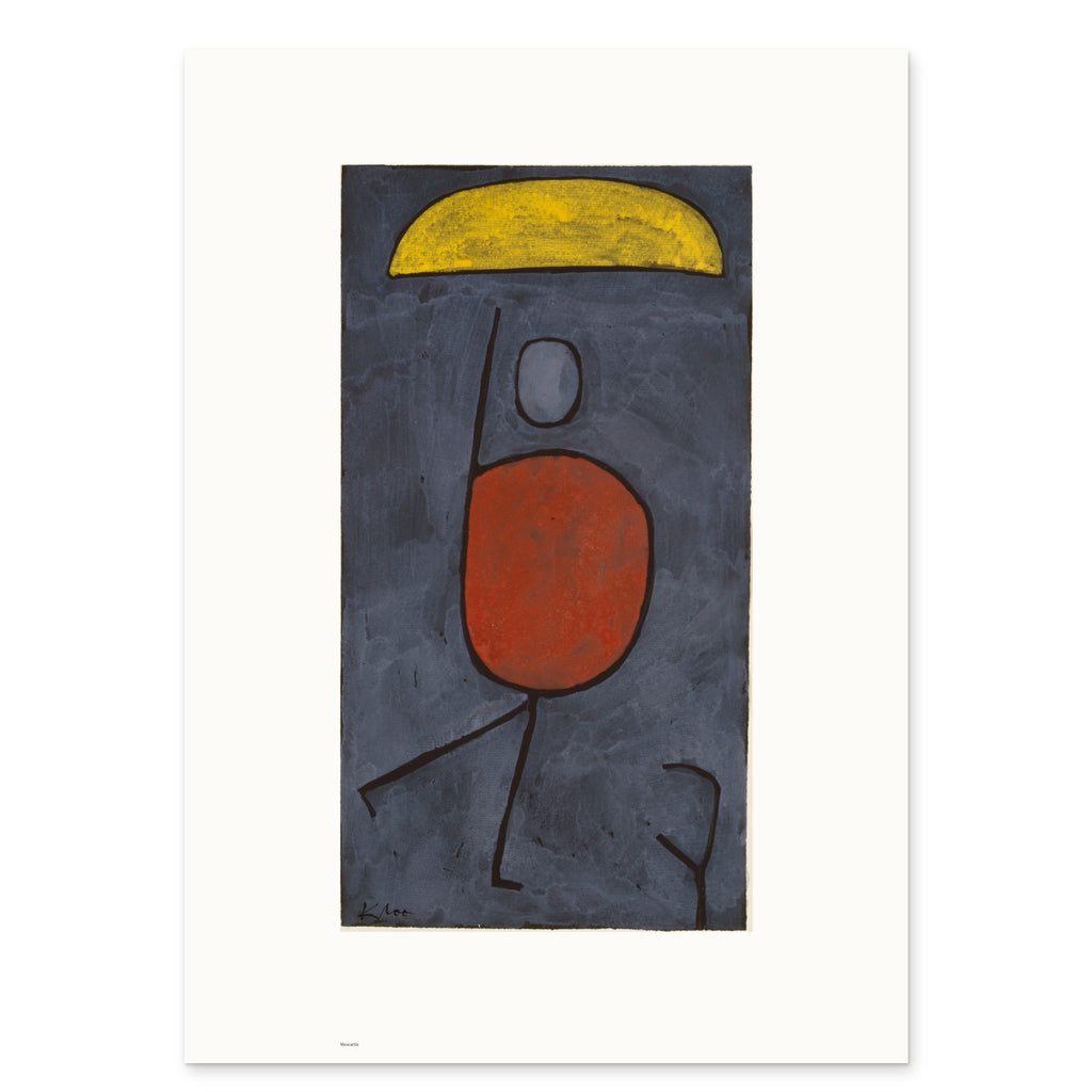The 50 × 70 cm sheet as printed: Klee's mit Sonnenschirm enlarged 1.45×, 28.51 × 53.02 cm on white paper, 10.8 cm margins at the sides