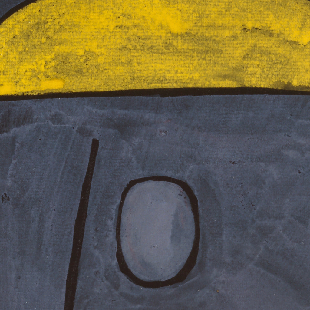Detail at print size: the yellow umbrella, its black handle and the small grey head on the brushed blue-black ground