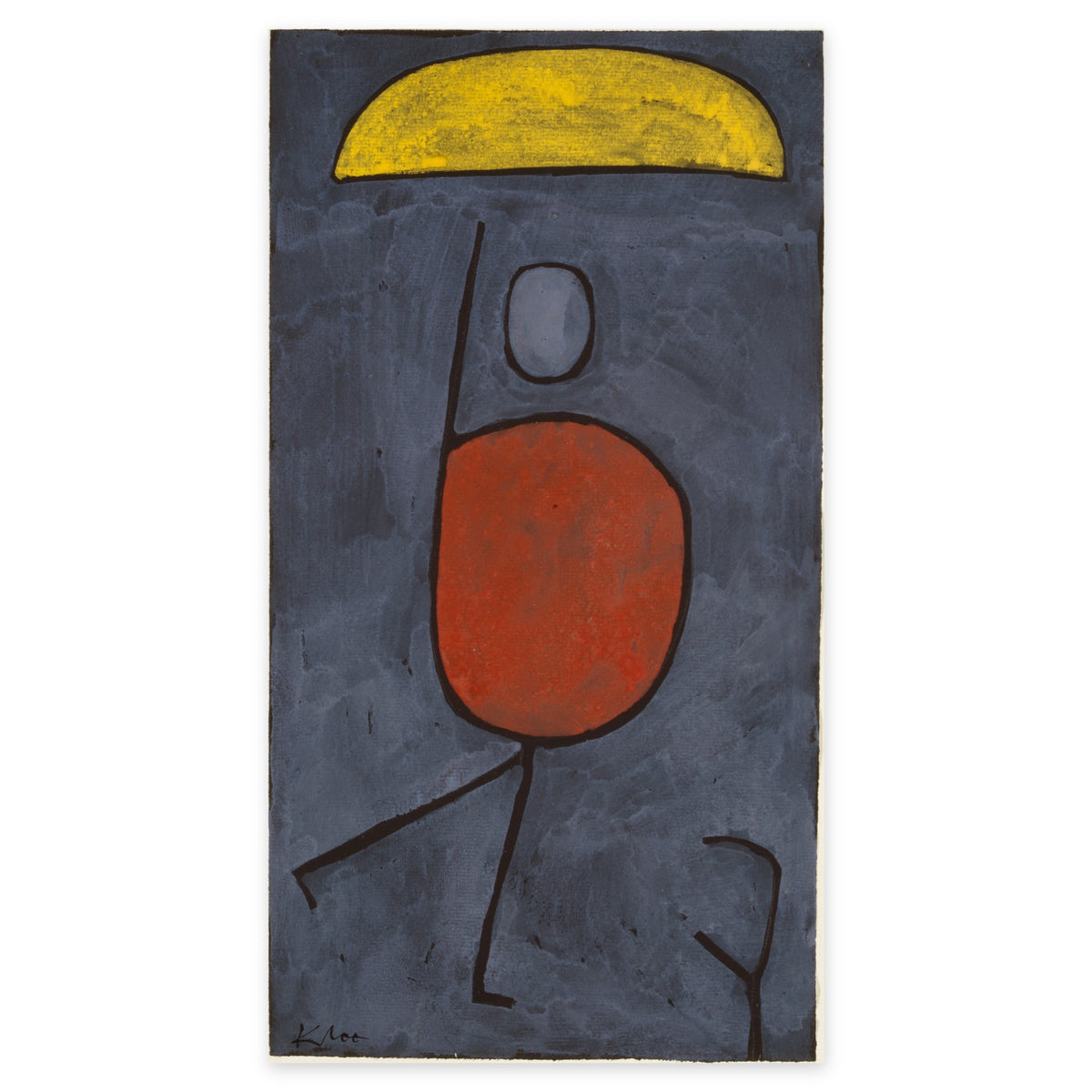 Paul Klee, mit Sonnenschirm (With an Umbrella), 1939 — the whole sheet: a striding figure with a red body under a yellow umbrella on a dark slate-blue ground